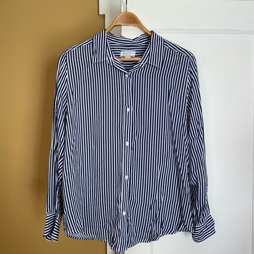 Liz Claiborne blue/white stripe button up blouse Size XL